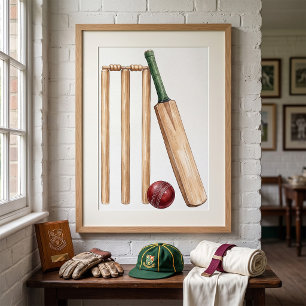 Póster Bate y pelota de cricket clásicos con acuarela