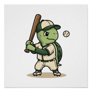 Póster Bateador de béisbol de tortuga linda Arte vectoria
