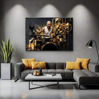Póster Baterista de Rock Intenso Diseño Musical Oro y Neg