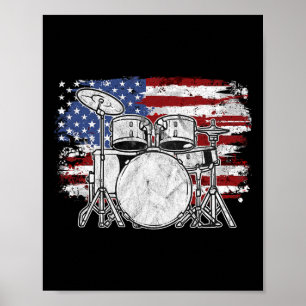 Póster Baterista Set De Batería Tambores Usa Bandera Amer