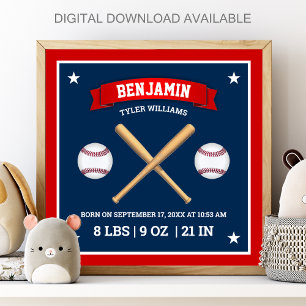 Póster Bates y Pelotas de Béisbol Rojos y Azules Estadíst