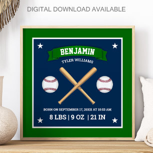 Póster Bates y Pelotas de Béisbol Verdes y Azules Estadís