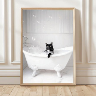 Póster Bathroom Black Cat in Bathtub Print, Bathtub Wall 