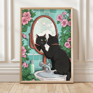 Póster Bathroom Black Cat in Mirror Print, Funny Japanese