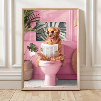Póster Bathroom Golden Retriever Reading on Toilet Print,