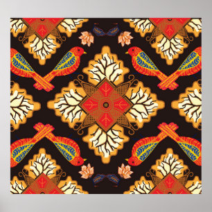 Póster batik indonesio: motivo de la fauna flora.