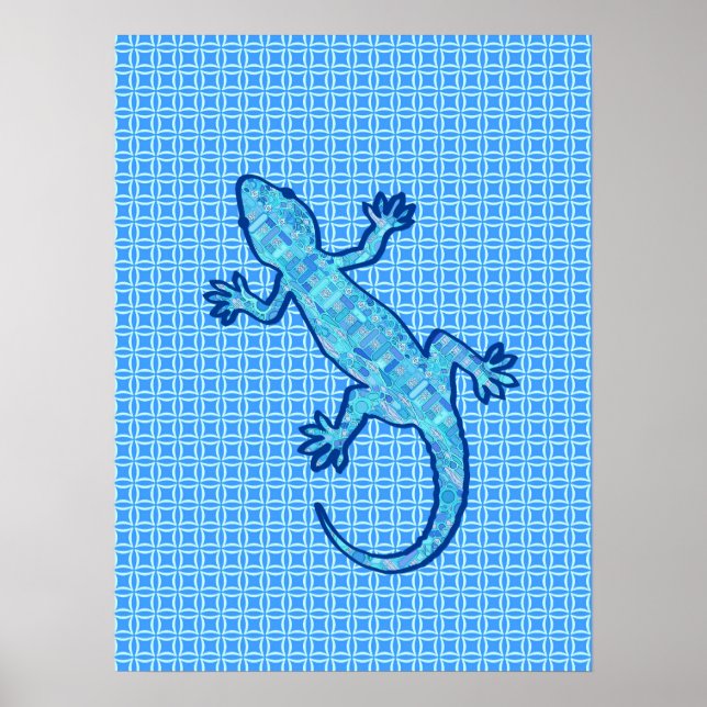 Póster batik tribal Gecko - azul denim (Frente)