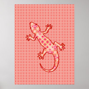 Póster batik tribal Gecko - rosa de coral y crema
