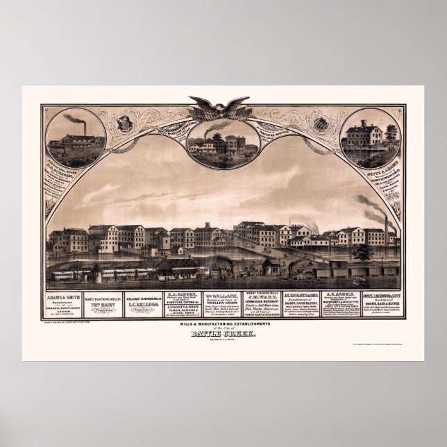 Póster Battle Creek, Mapa Panorámico MI - 1869 (Frente)