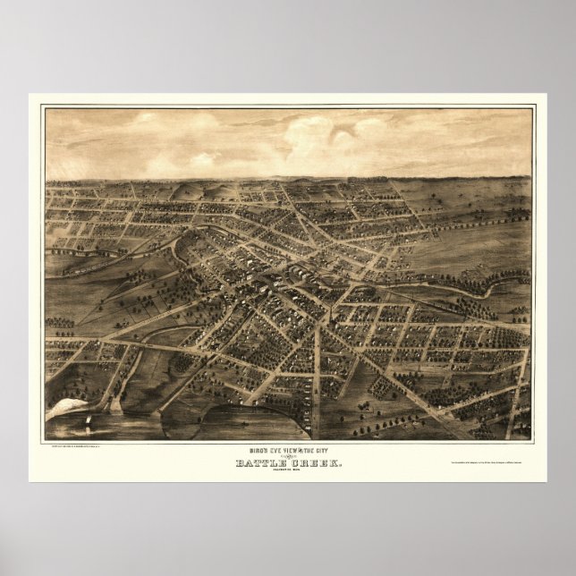 Póster Battle Creek, Mapa Panorámico MI - 1870 (Frente)