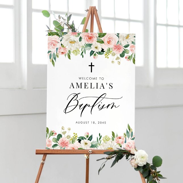 Póster Bautismo acuarela blanco y floral de Rubor (Watercolor White and Blush Pink Floral Garland Baptism Welcome Sign)