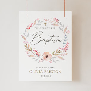 Póster Bautizo de niña floral rosa rubor
