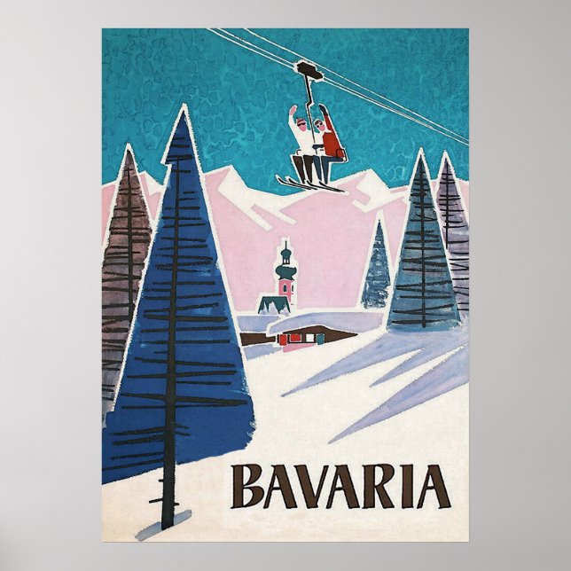 Póster Baviera Alemania, Poster de esquí de época (Frente)