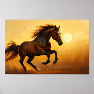 Póster Bay Horse Gallops, Sunset Sky, Flowing Mane