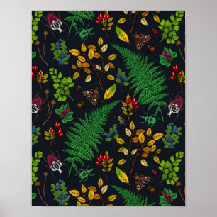 Póster Bayas forestales, hojas y bichos en negro de grafi