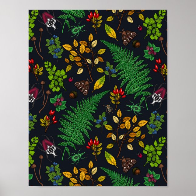 Póster Bayas forestales, hojas y bichos en negro de grafi (Frente)