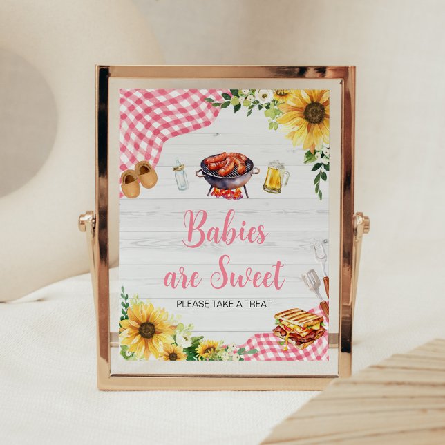 Póster BBQ de girasol rosa Baby Shower Los bebés son dulc (Baby- Q Backyard Baby Shower Babies are Sweet Sign)