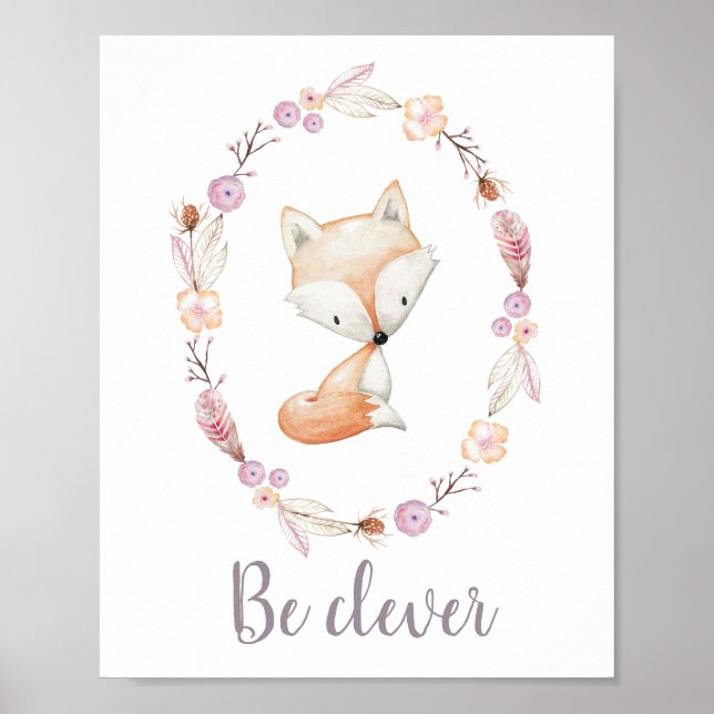 Póster Be Clever Baby Fox Boho Wreath Woodland Nursery (Frente)