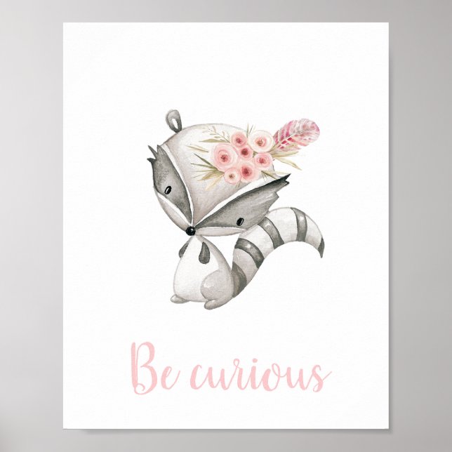 Póster Be Curious Cute Baby Raccoon Woodland Boho Nursery (Frente)