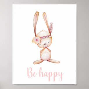 Póster Be Happy Cute Baby Bunny Watercolor Boho Woodland