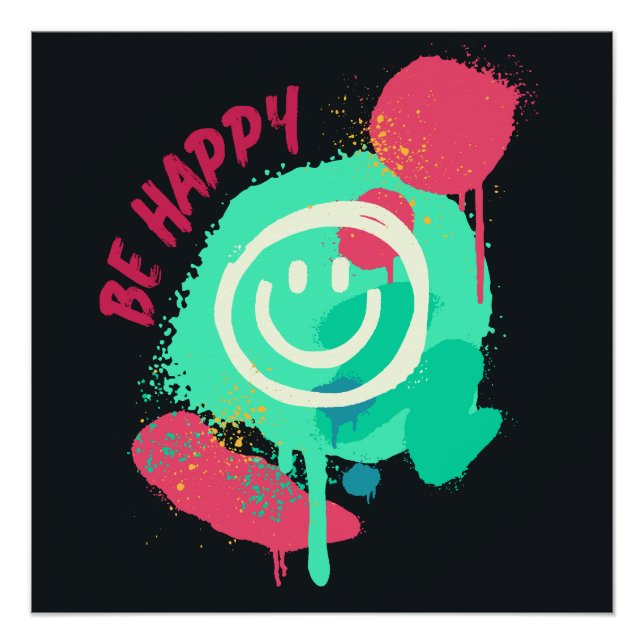 Póster Be Happy Smiley Mint & Pink Graffiti Street Art (Anverso)