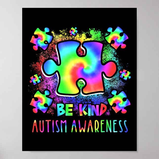 Póster Be Kind Puzzle Pieces Tie Dye Autism Awareness Mon (Frente)