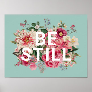 Póster Be Still Floral Vintage Mint Green Word Poster