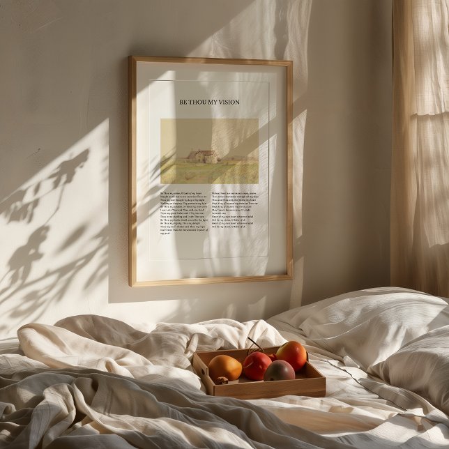 Póster Be Thmy Vision Vintage Hymn Print (Framed "Be Thou My Vision" hymn wall art with spring fiel painting, styled in cozy, minimalist room.)
