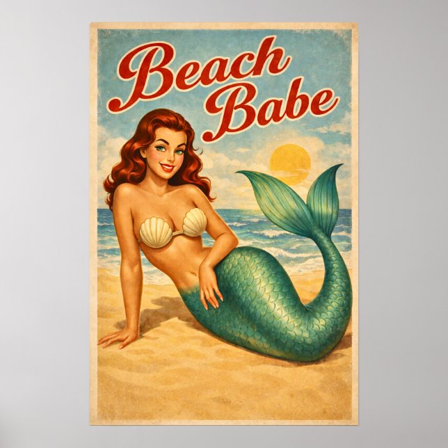 Póster Beach Babe Pin-Up Mermaid - Retro Coastal Life Art (Frente)