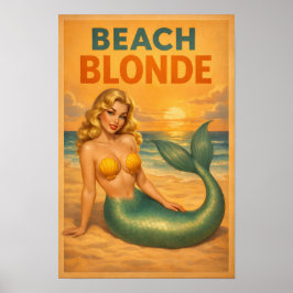 Póster Beach Blonde Pin-Up Mermaid Retro Coastal Life Art