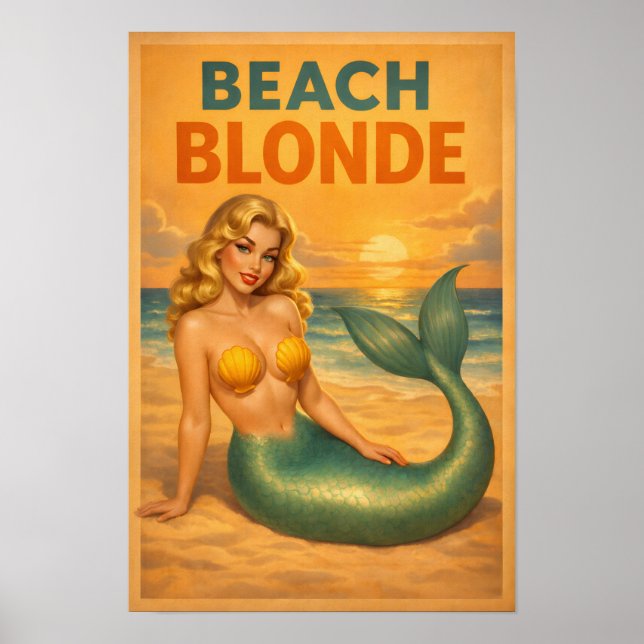 Póster Beach Blonde Pin-Up Mermaid Retro Coastal Life Art (Frente)