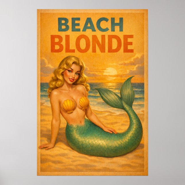 Póster Beach Blonde Pin-Up Mermaid Retro Coastal Life Art (Frente)