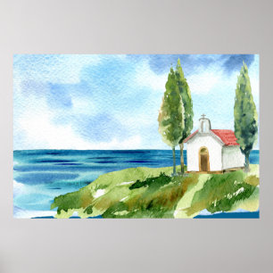 Póster Beach Coastal Ocean Church Watercolor