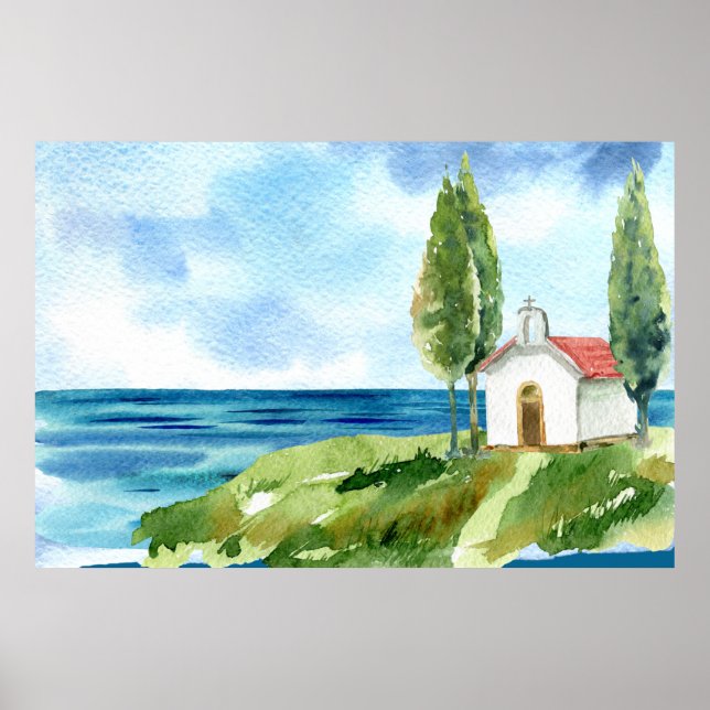 Póster Beach Coastal Ocean Church Watercolor (Frente)