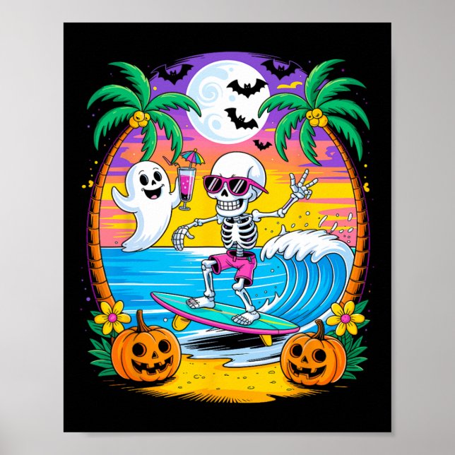 Póster Beach Funny Halloween Vibes Summerween Skeleton Gh (Frente)