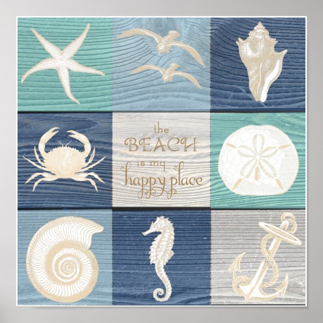 Póster Beach Happy Place Blue Aqua Old Wood Sea Poster (Frente)