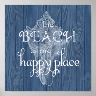 Póster Beach Happy Place Seashell Blue Wood Poster