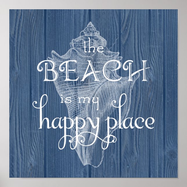 Póster Beach Happy Place Seashell Blue Wood Poster (Frente)