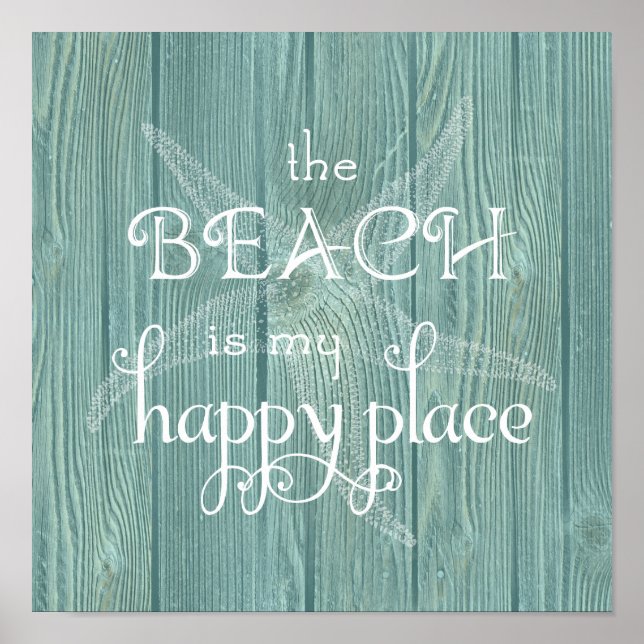 Póster Beach Happy Place Starfish Aqua Wood Poster (Frente)