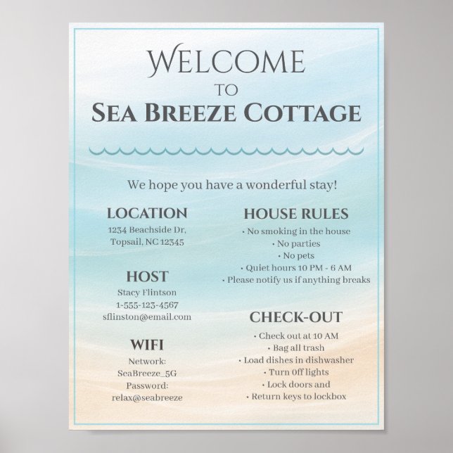 Póster Beach House Welcome Sign with House Rules & WiFi (Frente)