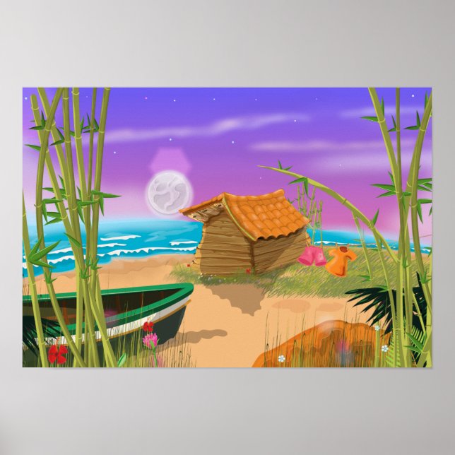 Póster "Beach Hut on moonlit beach-cabt" "beach-cabt" "pe (Frente)