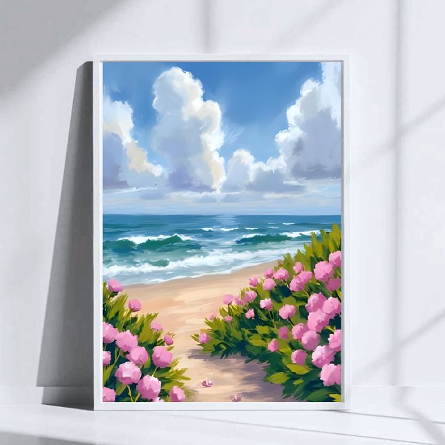 Póster Beach in Bloom | Pink Hydrangea Oceanside Coastal (Subido por el creador)