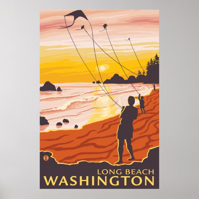 Póster Beach & Kites - Long Beach, Washington (Frente)
