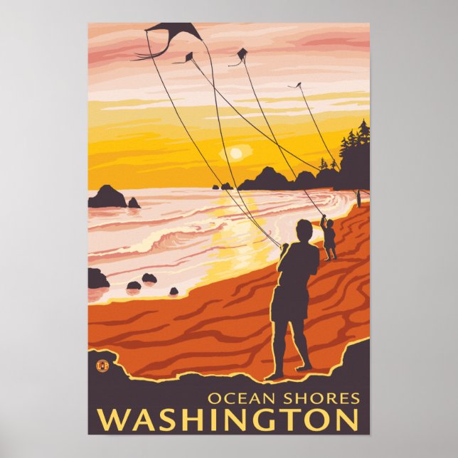 Póster Beach & Kites - Ocean Shores, Washington (Frente)