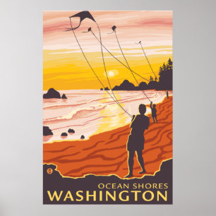 Póster Beach & Kites - Ocean Shores, Washington