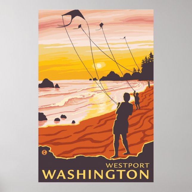 Póster Beach & Kites - Westport, Washington (Frente)