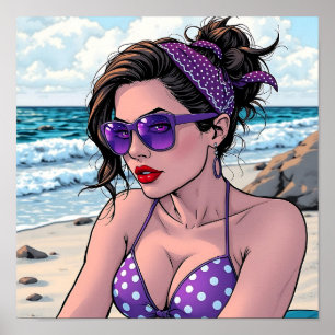 Póster Beach Lady en tonos, bikini y Bandana
