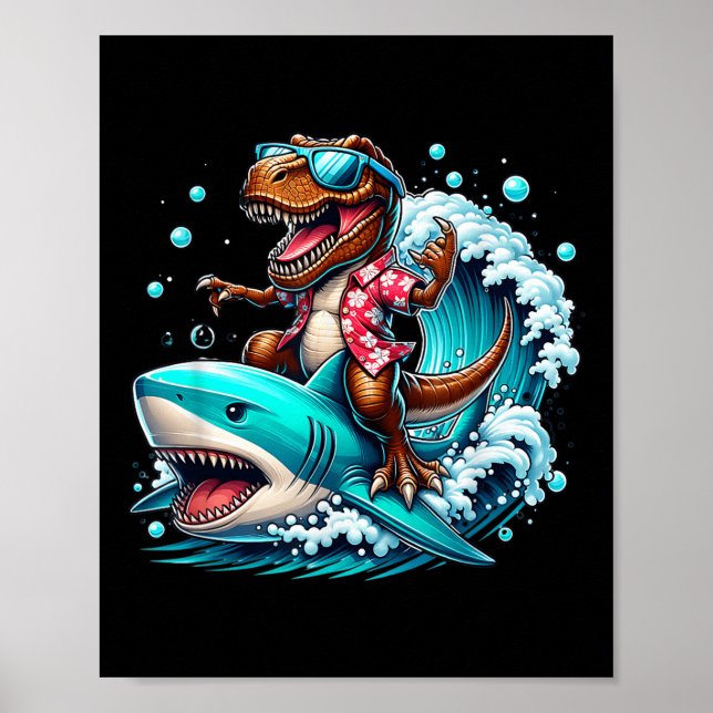 Póster Beach Lover T-rex Dinosaur Riding Shark Surfing Oc (Frente)