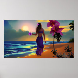 Póster Beach moonlight stroll woman blue sea dress