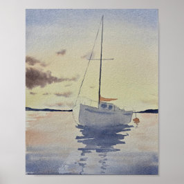 Póster Beach painting with a boat Watercolor 